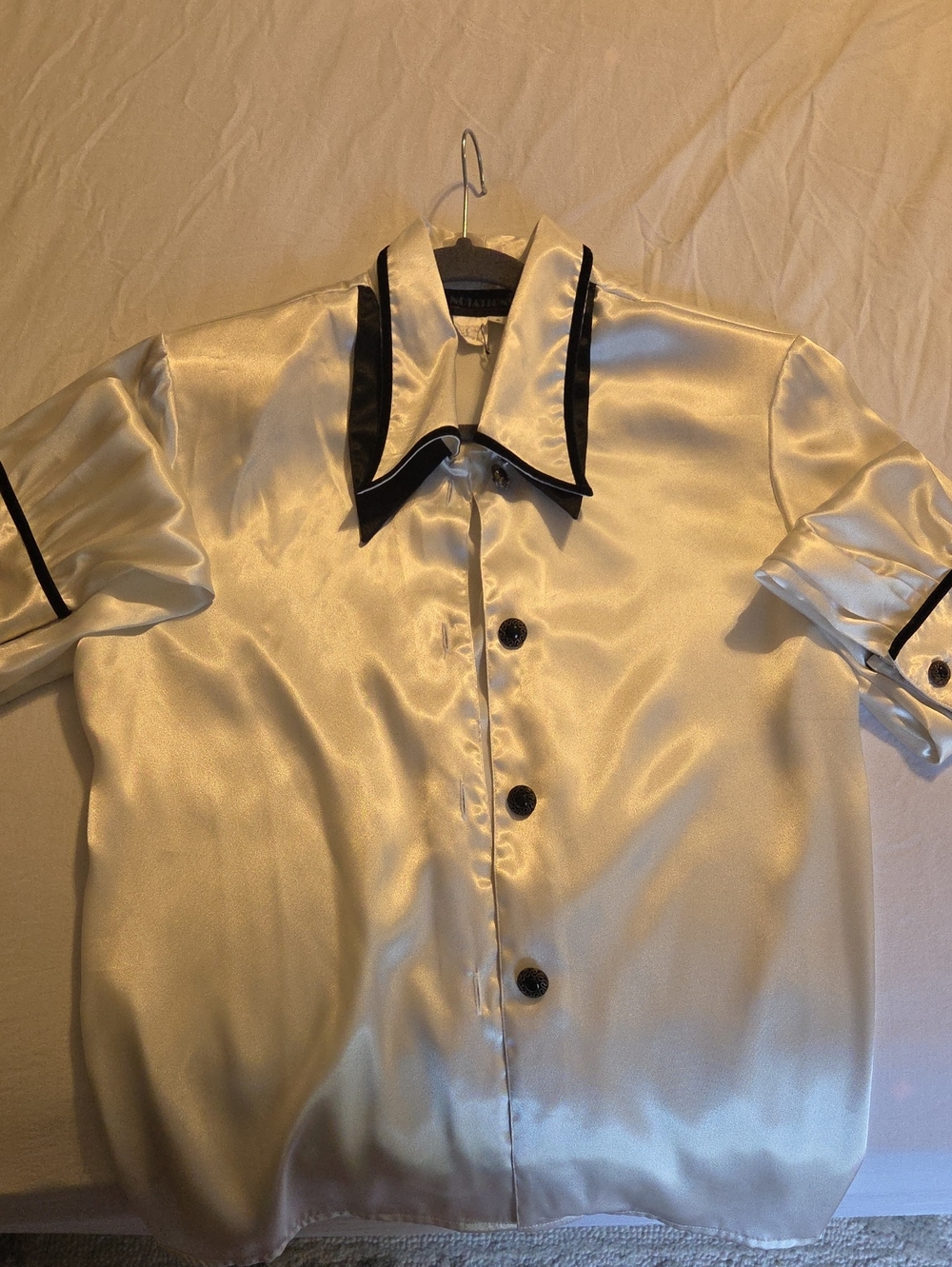 Notations Cream Satin Short-Sleeve Blouse with Black Trim